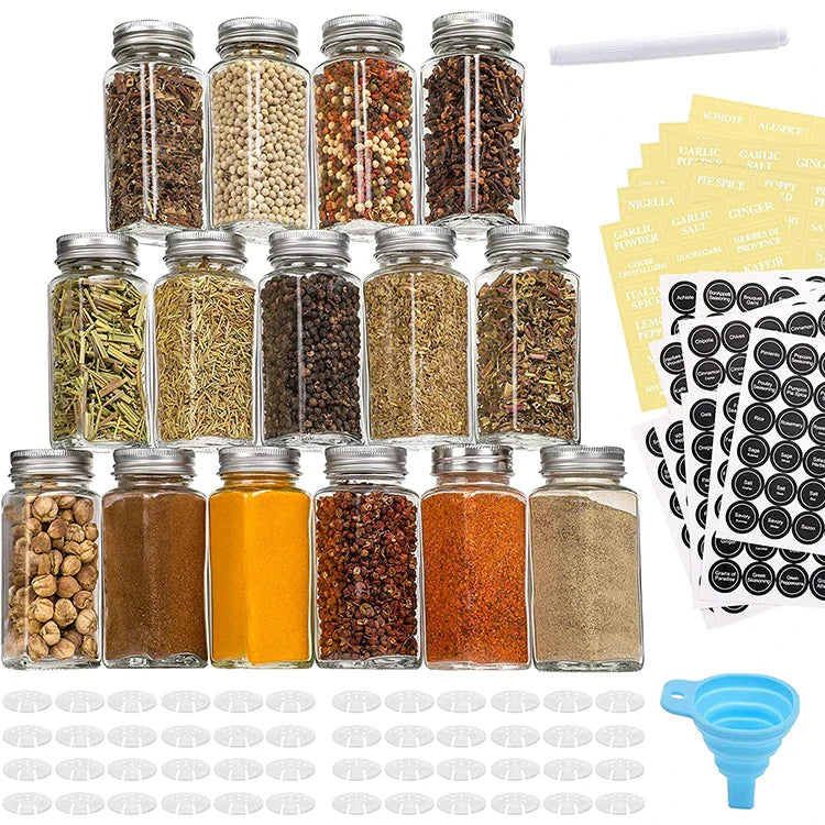 48 Pcs/Set Kitchen 120ml 4 oz  square Shaped Glass Spice Jarsmall Glass Spice Jar with Metal Lid