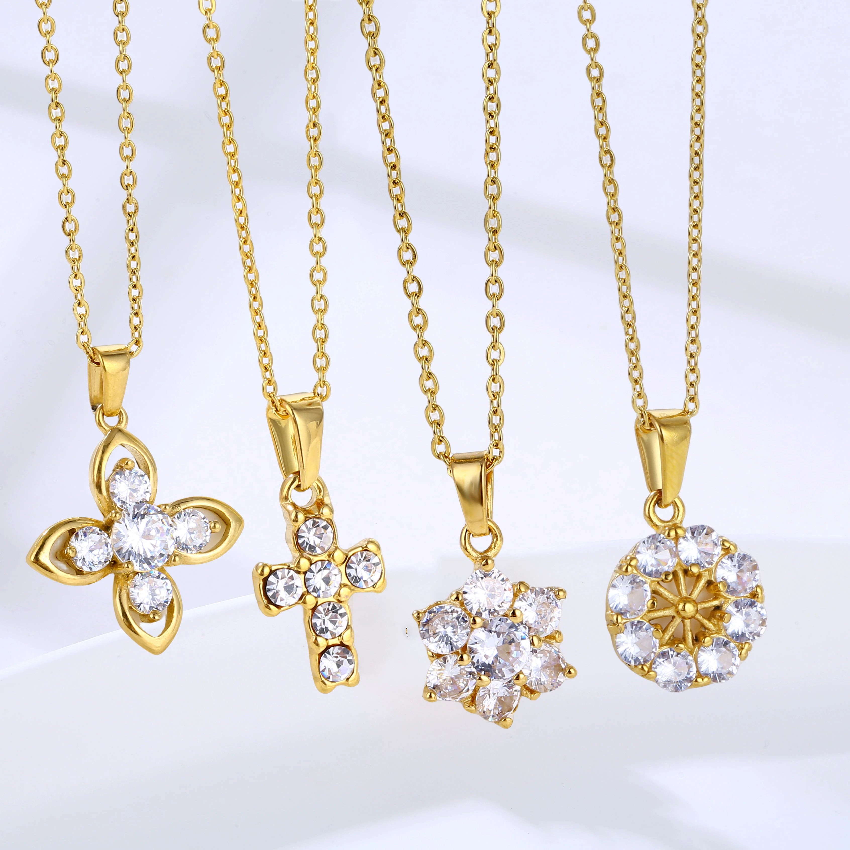 Stunning Cross French Style CZ Round Zircon Cross Pendant Gold Plated Moissanite Diamond Necklace
