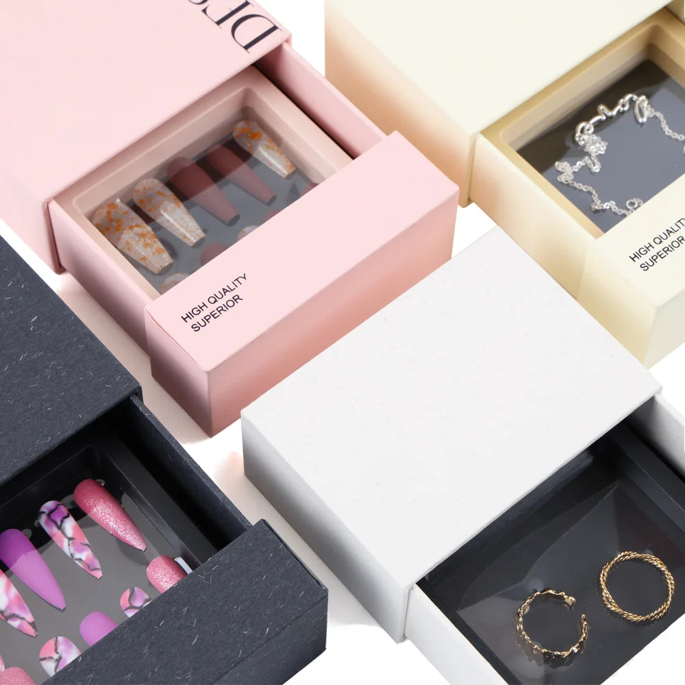 Empty Eco-Friendly Sliding Set Drawer Gift Packaging Boxes Press-On Nails Insert Sleeve Pull Matt Lamination for Cosmetic Use