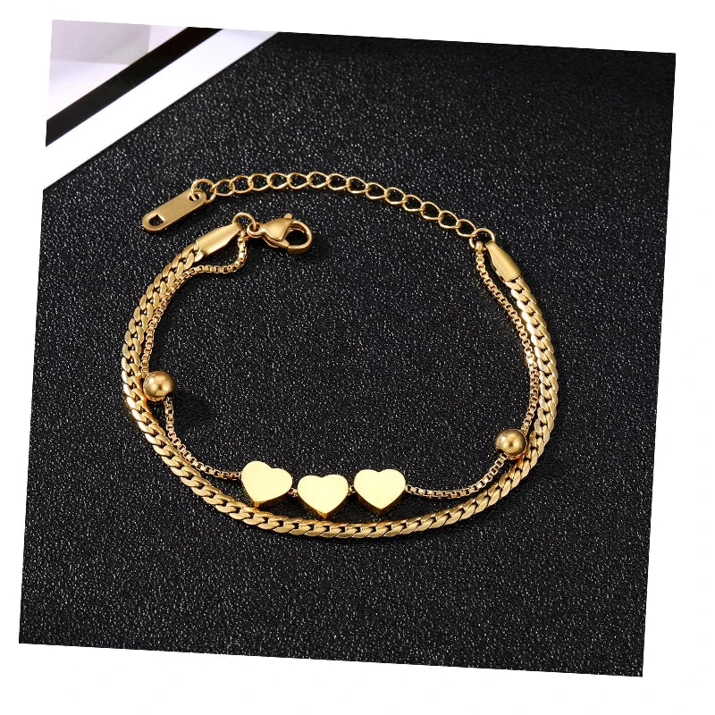 Trend Heart Snake Bone Chain Double Layer 18K Gold Plated Stainless Steel Letter Bracelet