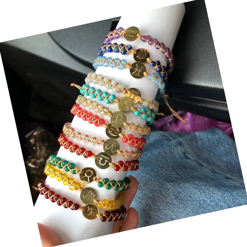 DAIHE Handmade 4mm Natural Stone Double Layers Braided Men Women 12 Zodiac Charm Bracelets
