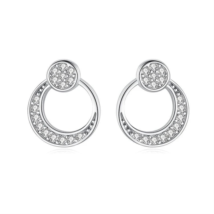 Fine 925 sterling silver CZ diamond moon shape round disc stud earrings