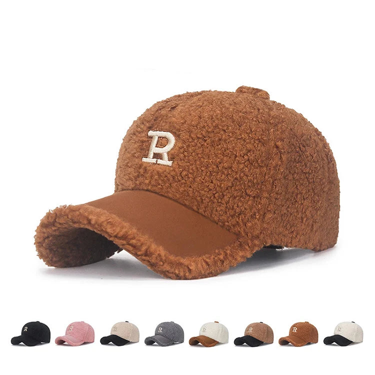 Custom R Letters Embroidery Winter Hats Unisex Warm Thickened Fluffy Lamb Wool Baseball Caps