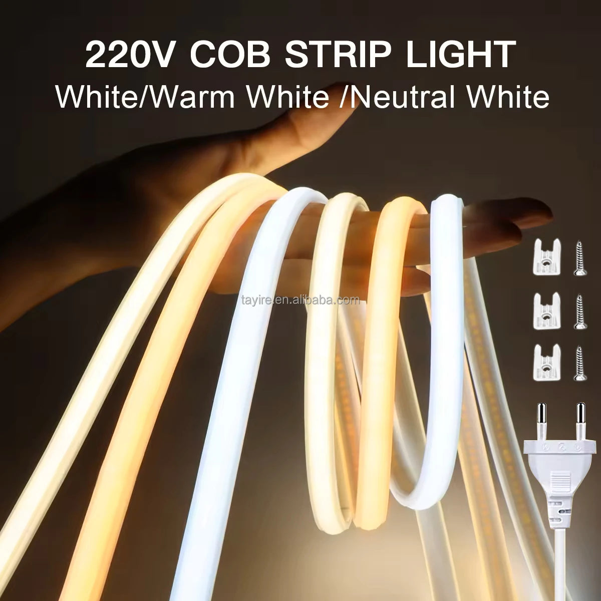High Brightness IP65 Waterproof 220V COB LED Strip for Outdoor Kitchen Decorative Lighting Single White Warm EU Plug Strip Light