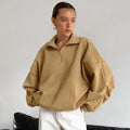 Autumn Winter 2024 Off-Shoulder Sleeve Solid Oversize Sweatshirts Lady Sporty Half Zip Pullover Hoodie Tops Women Jacket Coats