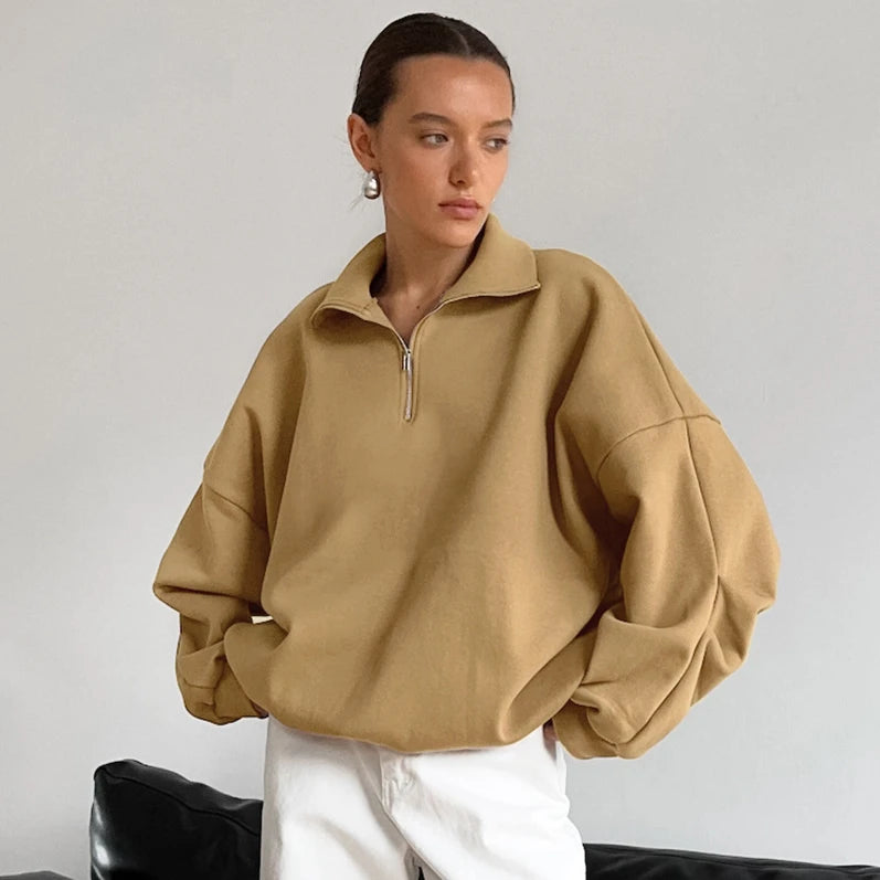Autumn Winter 2024 Off-Shoulder Sleeve Solid Oversize Sweatshirts Lady Sporty Half Zip Pullover Hoodie Tops Women Jacket Coats