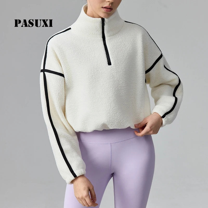 PASUXI Plus Hooded Jacket Women Zip up Oversized Yoga Sweatshirt Winter Fleece Tracksuit Top Loose Fit Yoga Set