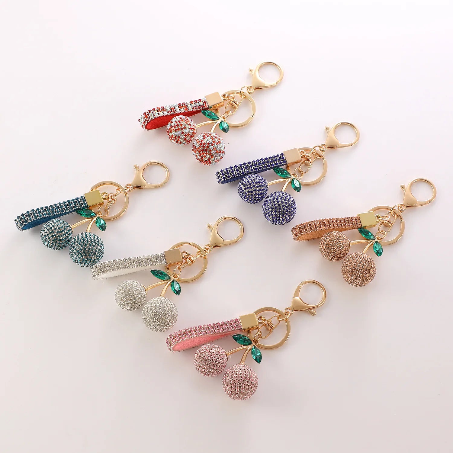 2025 Custom Bling Cute 3D Cherry Keychains Leaves Crystal Charm Pendant Keychain