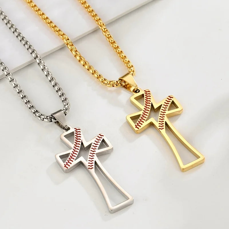 New Stainless Steel Baseball Cross Necklace Gold Silver Plated Hollow Cross Pendant Necklace Religious Jewelry