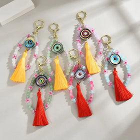 Retro Turkish Evil Eyes Tassel Bracelet Key Chains Colorful Luck Glass Rhinestone Devil Eyes Keychain Car Evil Eye Jewelry Charm