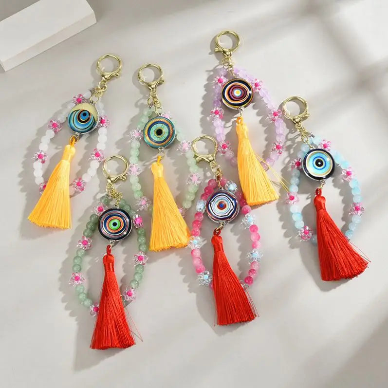 Retro Turkish Evil Eyes Tassel Bracelet Key Chains Colorful Luck Glass Rhinestone Devil Eyes Keychain Car Evil Eye Jewelry Charm