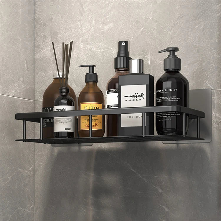 Float Wall Single Tier Stainless Waterproof Black Storage Shelf Adhesive Sticker Metal Bathroom Shelf for Bathroom