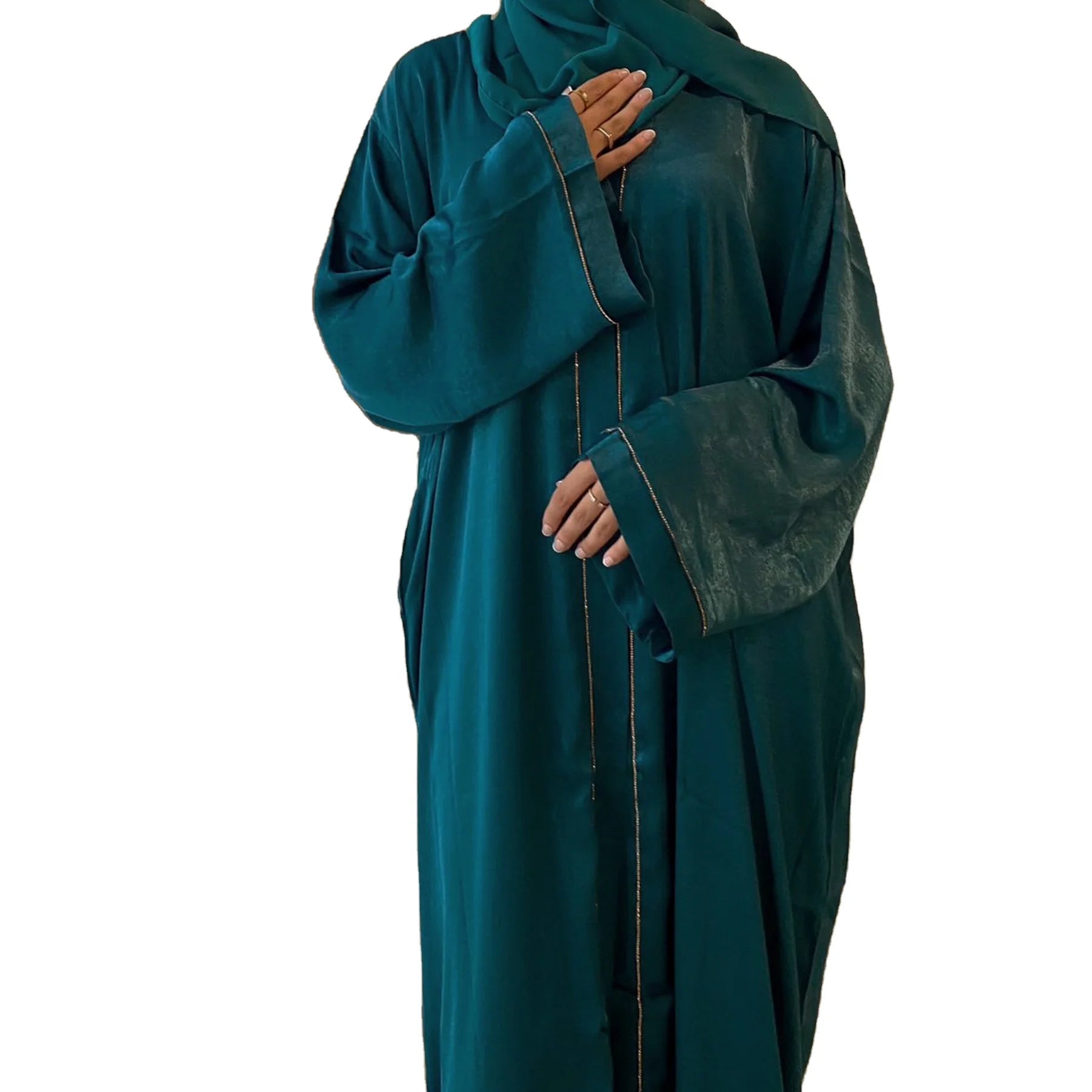 2024 Dubai Inspired Shiny Open Abaya Womens Modest Kaftan Long Kimono Eid Ramadan Hijab Maxi Dress Traditional Muslim Clothing