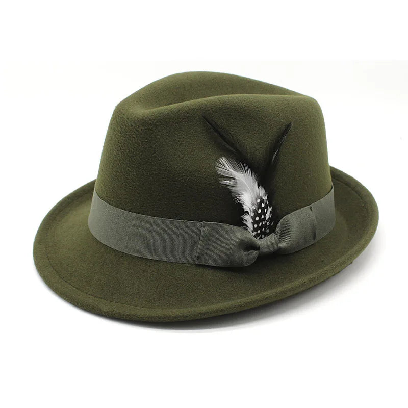 New Designer Wool Felt Mens Green Roll up Brim Fedora Hat Wholesale Fashion Short Brim Fedora Felt Hat for Men