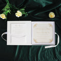 2026 Fancy Luxury White Velvet/Cardboard Wedding Invitation Hardboard Box With Clear Acrylic Foil Text and Ribbon