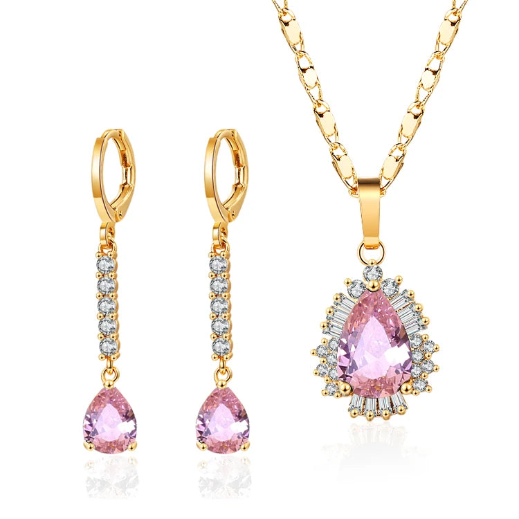 Dubai Luxury Big Classic Single One Stone Earrings Necklace Earrings with Cubic Zircon Brass 18k Gold Plated Accessory for Women