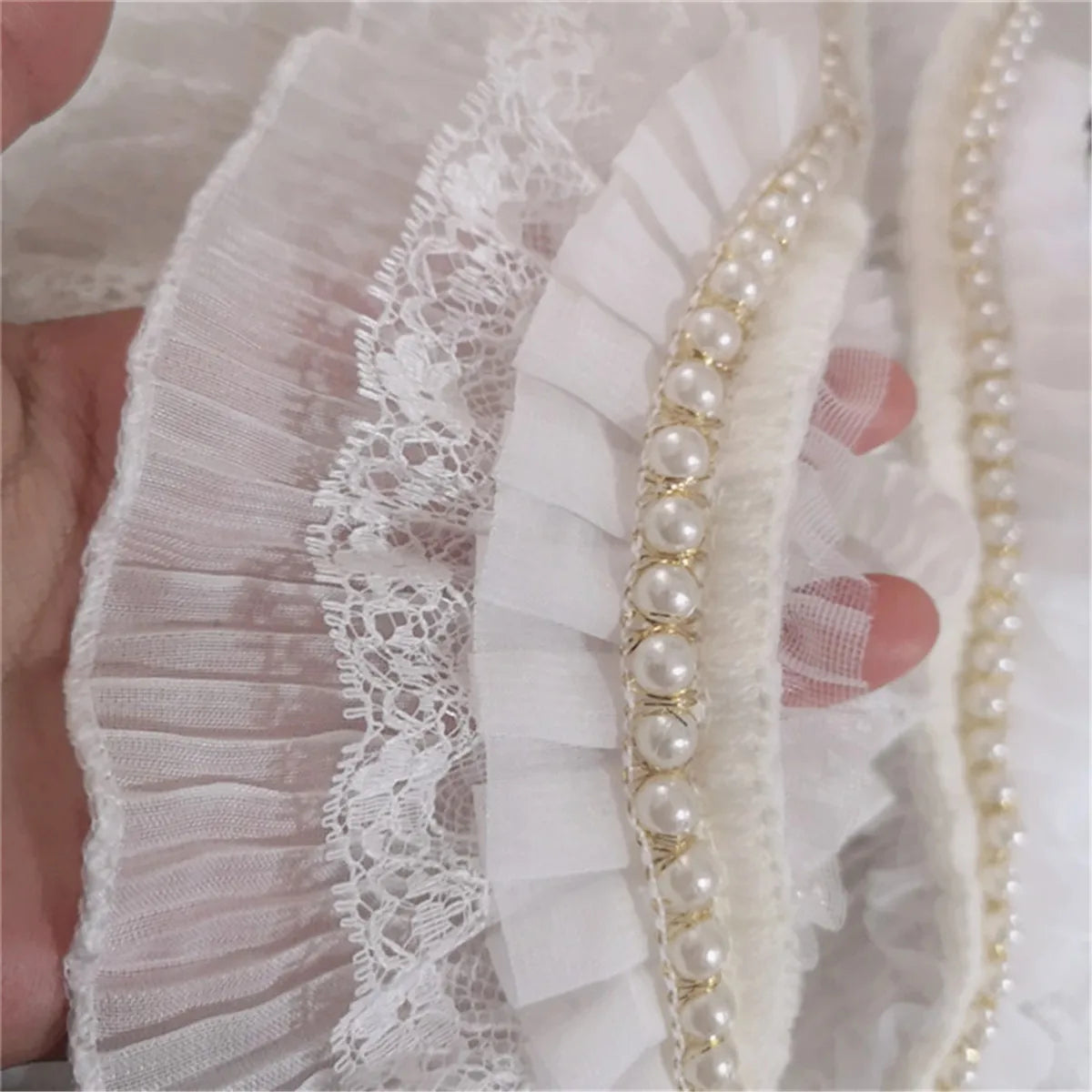 3.15'' Width Pearl Beaded Pleated White Lace Edge Trim Wedding Ribbon DIY Sewing Craft Accessories