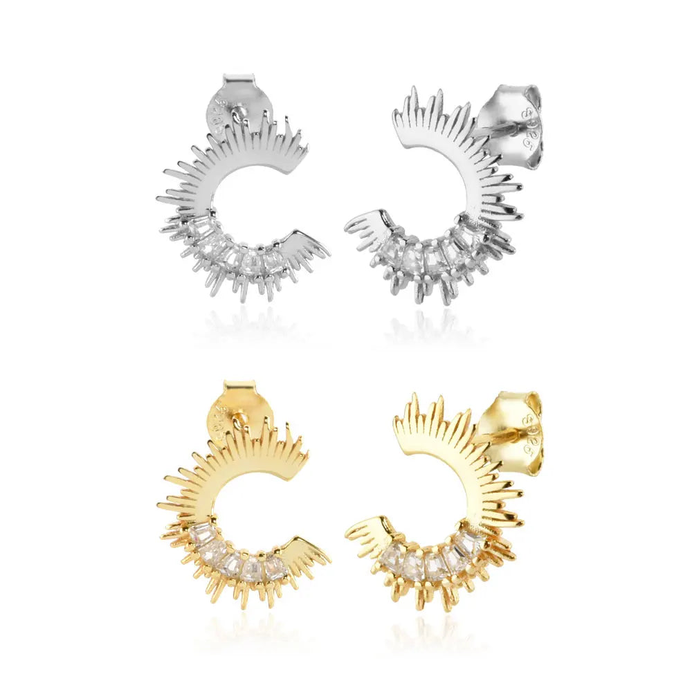 FUAMAY Aretes HyperBole 925 Sterling Silver Cubic Zirconia Stud Earrings Sun Earring With Zircon