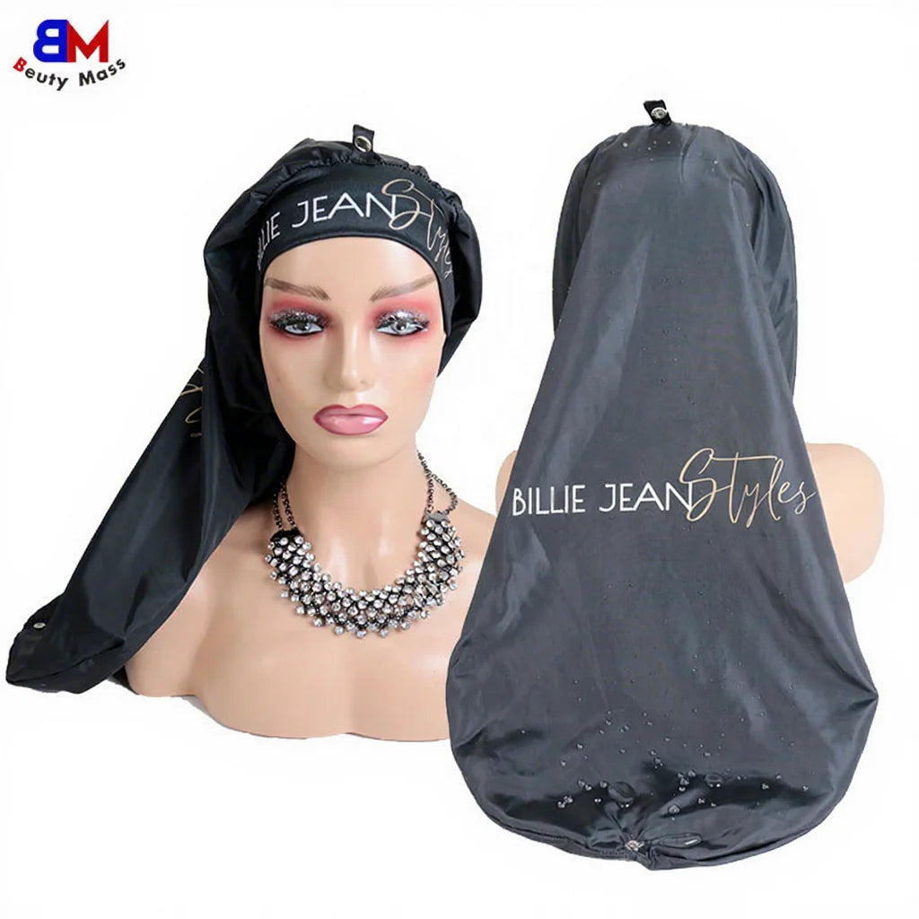 Double Layer Waterproof Long Custom Logo Satin Lined Shower Cap Bonnets With Button