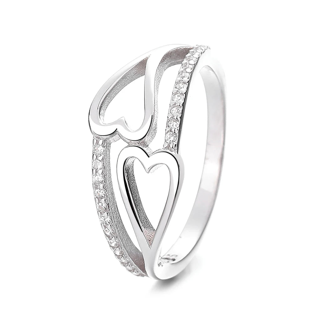 Heart Shaped Double Rings for Women Wedding Engagement Exquisite 925 Silver Rings