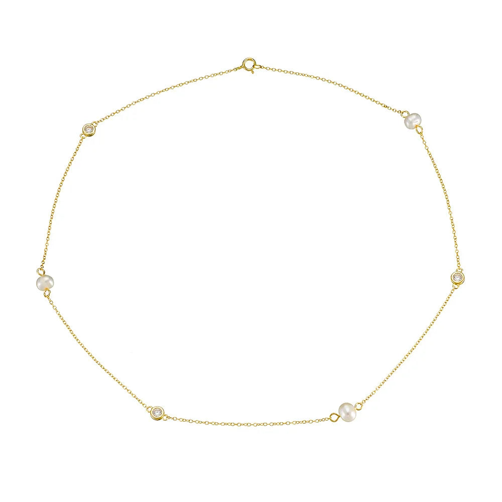 Fashion Jewelry 925 Sterling Silver Necklaces Natural Freshwater Pearl Round Diamond Zircon Gold Plated Necklaces for Women