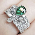 CAOSHI Jewelry Zircon 925 Silver Color Pear Cut Green Stone Ring Micro Pave CZ Flower Wedding Ring for Women