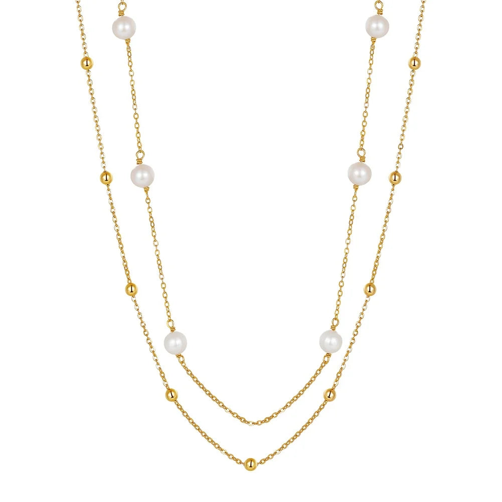 RINNTIN GPN62 Double Layer Stacked Cultured Freshwater Pearl 14k Gold Plated with Real 925 Sterling Silver Necklace