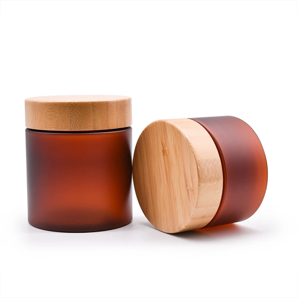 250g PET Plastic Frost Amber 8 oz Cream Jar Matte Brown Color Luxury PET Cream Jar Cosmetics with Bamboo Lid