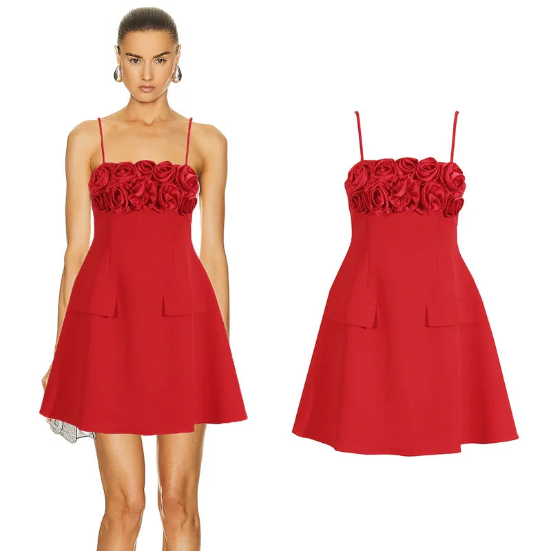 OUDINA 2025 Summer Suspender Simple Three Dimensional Flower Solid Short Dresses Off Shoulder Dress