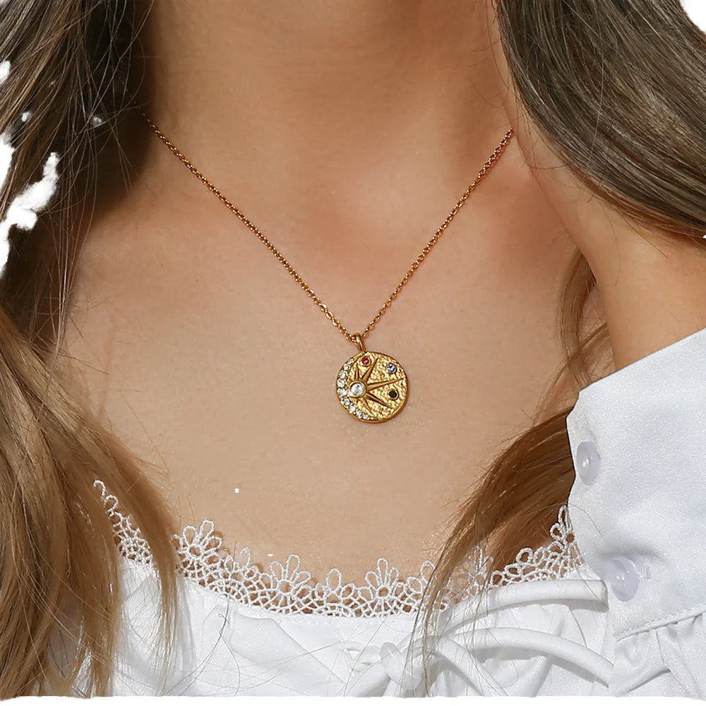 18K Gold Plating Stainless Steel Colorful Zircon Pendant North Star Necklace for Women
