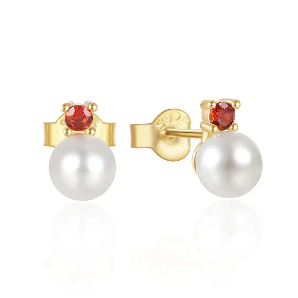 High Quality S925 Sterling Silver 18K Gold Plated Square Red Diamond Pearl Stud Earrings Jewelry