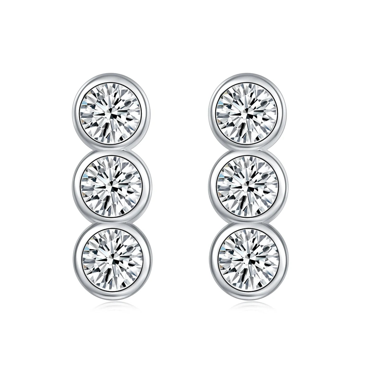 Three Zircon Flush Setting Rhodium Sterling Silver Stud Earrings-Trendy for Wedding Engagement Anniversary Party Great Gift