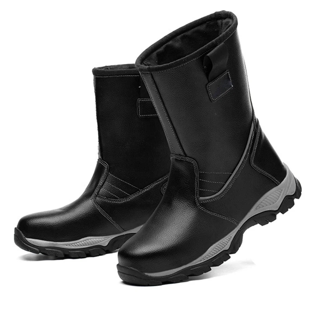 Men's Black Microfiber Leather MD Rubber Sole Industrial Safety Boots Breathable Stylish High Cut Design Steel Toe for Winter