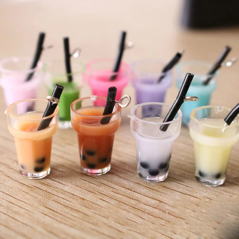 Yiwu Wintop Fashion Accessories Colroed 3d Artificial Boba Tea Bottle Resin Charm Pendant With Silver Hook