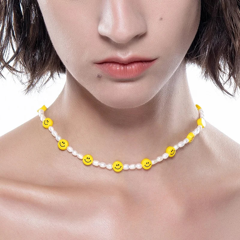 18K Gold Plated Stainless Steel Jewelry Smile Face Chain Natural Pearl for Women Party Choker Waterproof Necklace P213226