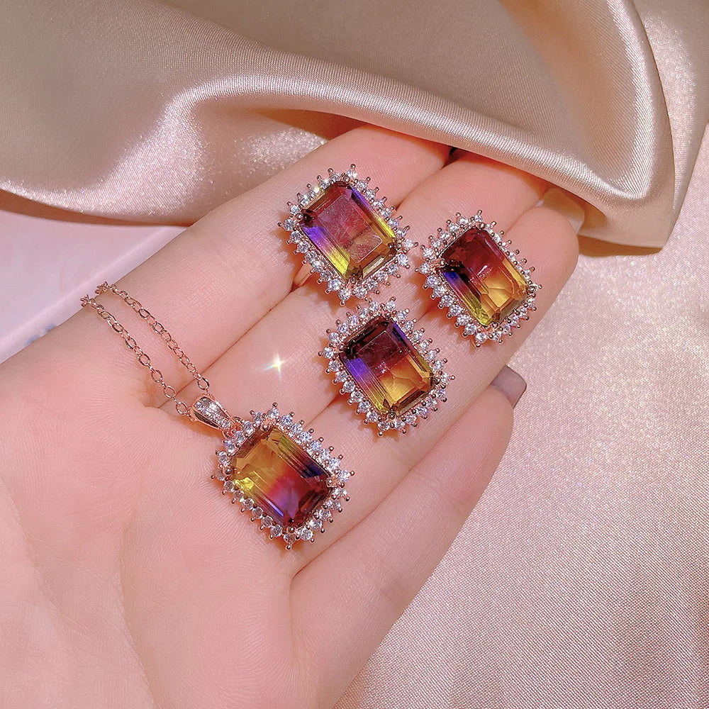 Luxury Silver Plated Geometric Diamond Zircon Stud Earring Square Gemstone Necklace Set for Bridal Wedding Jewelry