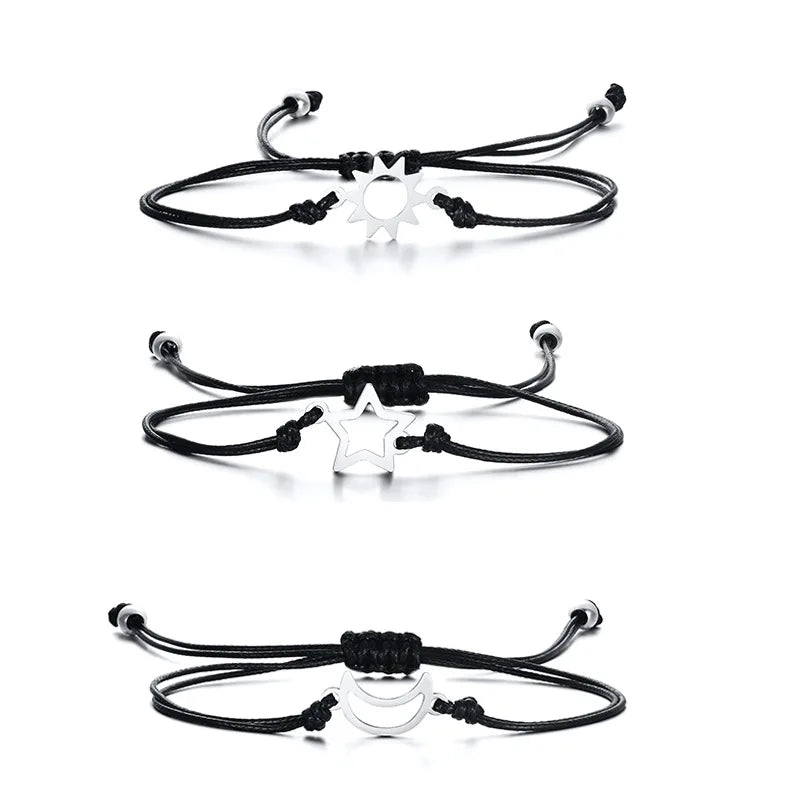 Waterproof Fashion Sun Moon Star Charm String Braided Adjustable Bracelet Handmade Sun and Moon Wax Rope Braided Couple Bracelet