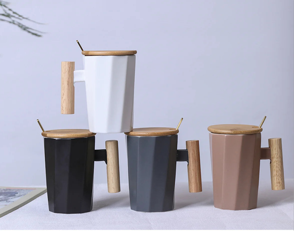 Nordic Style Custom Mug Printing Logo Porcelain Mug Ceramic Coffee Mug Set With Wooden Handle Lid
