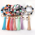 Elastic Silicone Wooden Beaded Wristlet Bracelet Keychain Cute Boho Tassel Modern Car Keyring Holder Bangle Keychains Bag Charm