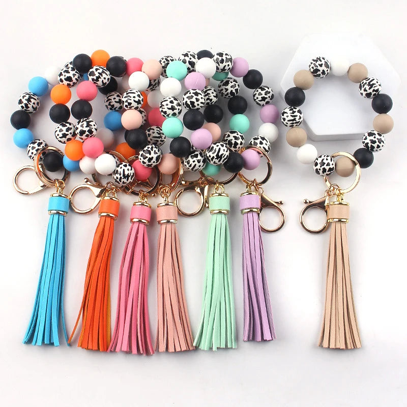 Elastic Silicone Wooden Beaded Wristlet Bracelet Keychain Cute Boho Tassel Modern Car Keyring Holder Bangle Keychains Bag Charm