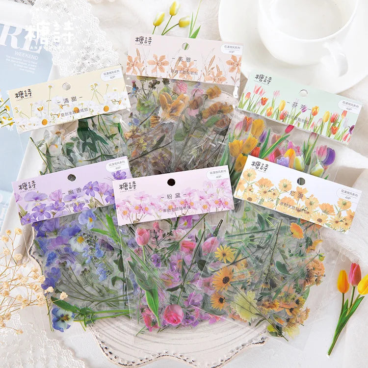 40 Pcs Per Pack Flower Series PET Stickers Pretty Daisy Phone Case Scrapbooking Netbook Sticker Diary Decoration