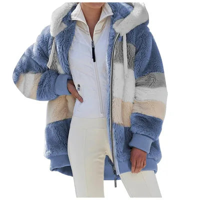 Selling Hooded Collar Plush Patch Zipper Pocket Hood Loose Keep Warm Womens Coats