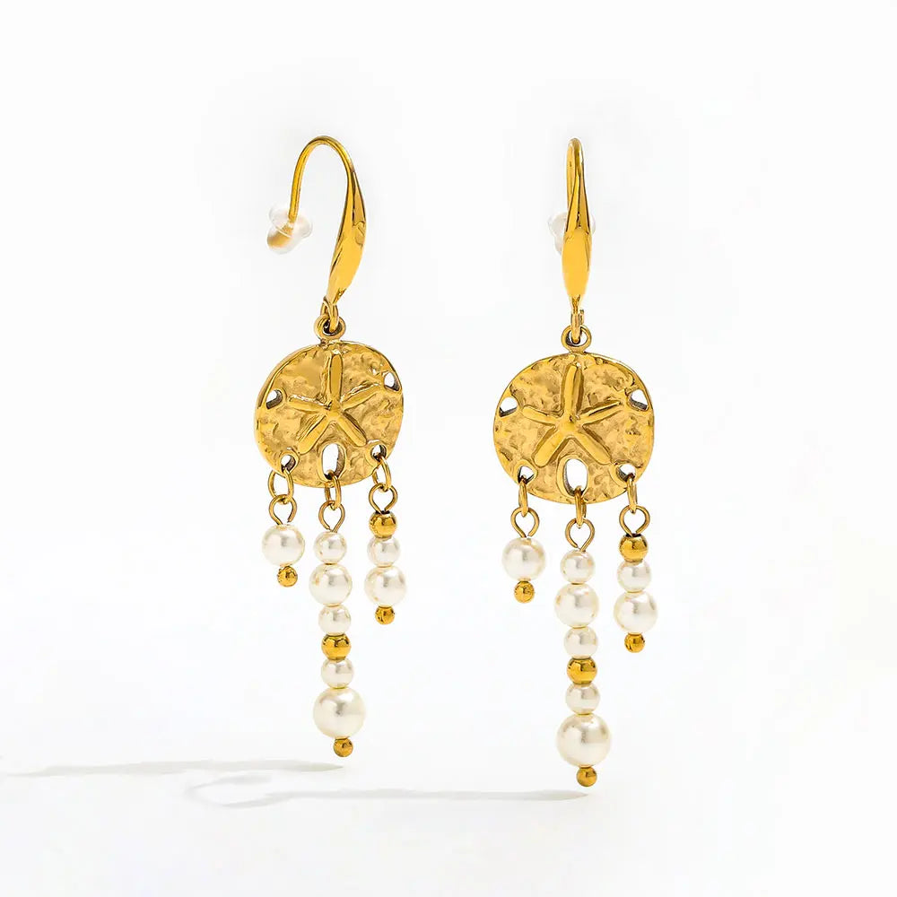 New Vintage Bohemia 18k Gold Plated Stainless Steel Sea Star Imitation Pearl Tassel Stud Earring Geometric Jewelry for Women