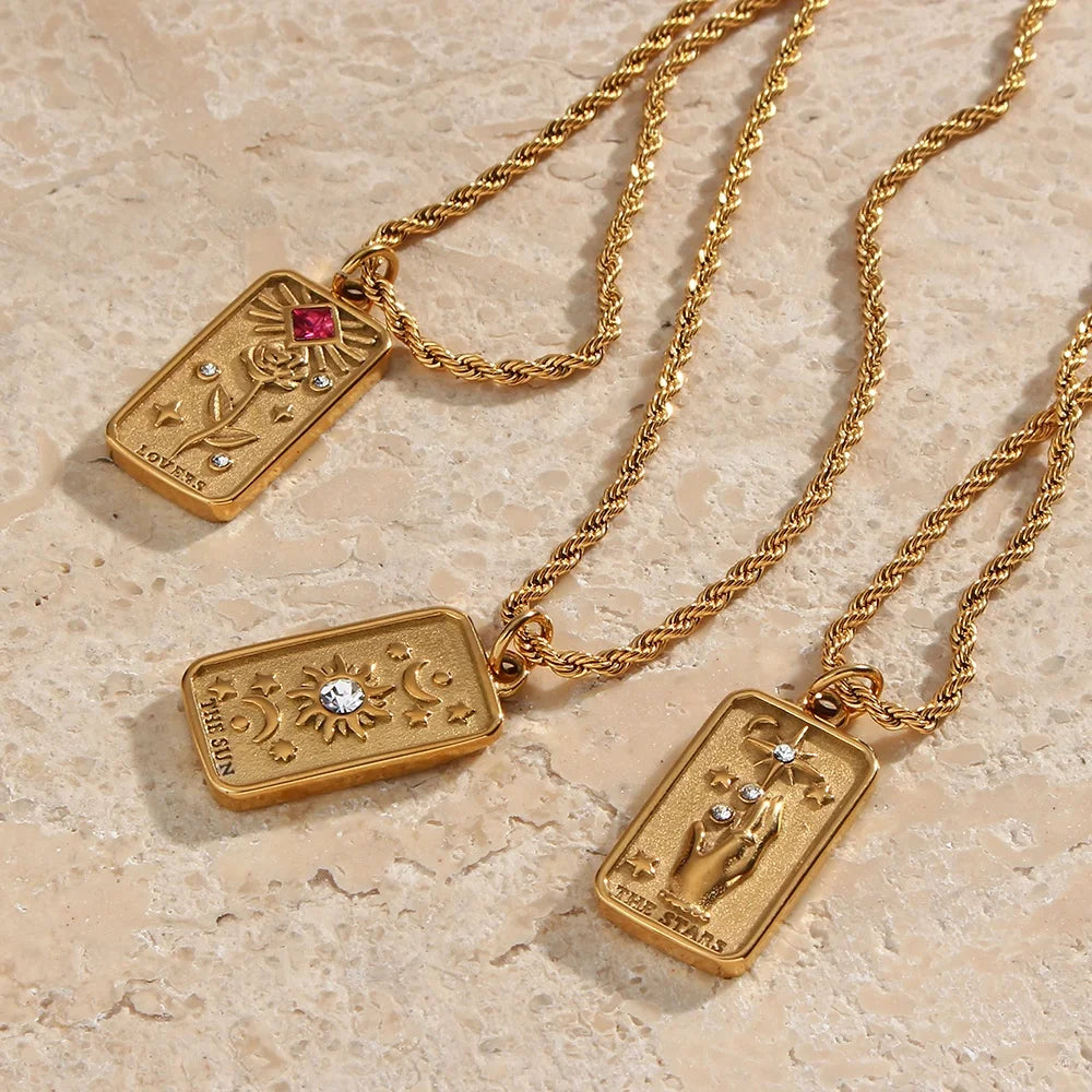 Guarantee Dreamshow Stainless Steel Square Zircon Sun Star Tarot Card Pendant Necklace Lovers Engraved