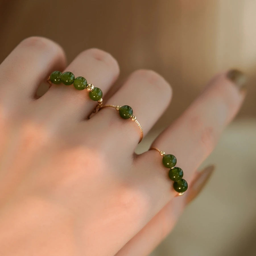 Newest Design Gold Metal Imitation Jade Beads Ring for Women 18k Gold Plated Simple Beaded Adjustable Ring Jewelry