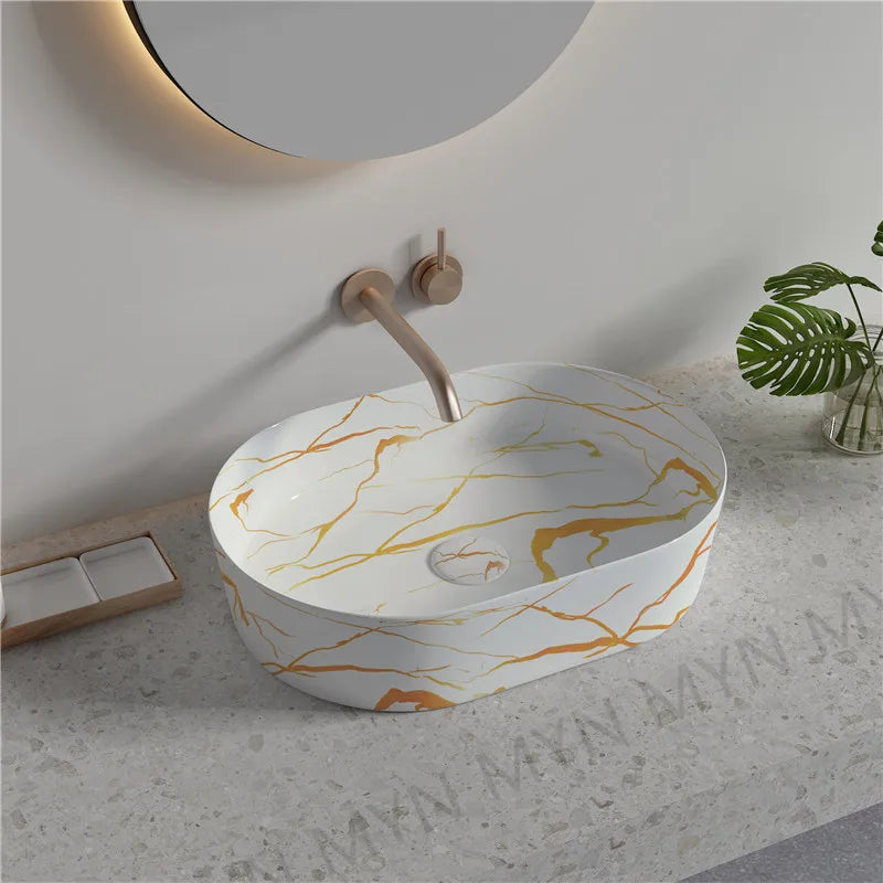 Factory Supply White Oval Marble Ceramic Sanitary Ware Wash Basins Lavabo Bathroom