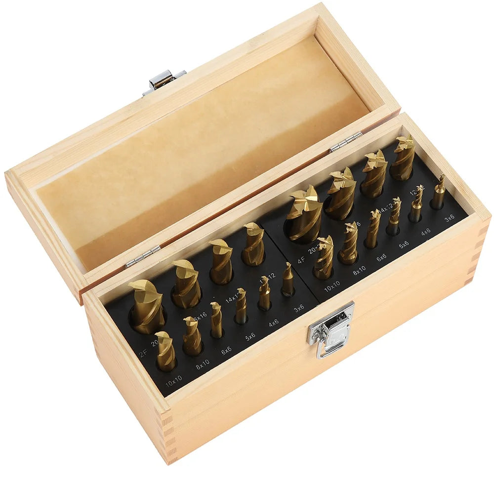 Metric Size Cutting Diameter From 3 mm up to 20 mm 2 Flute and 4 Flute 20 Pc HSS Tin Coated End Mill Cutter Set