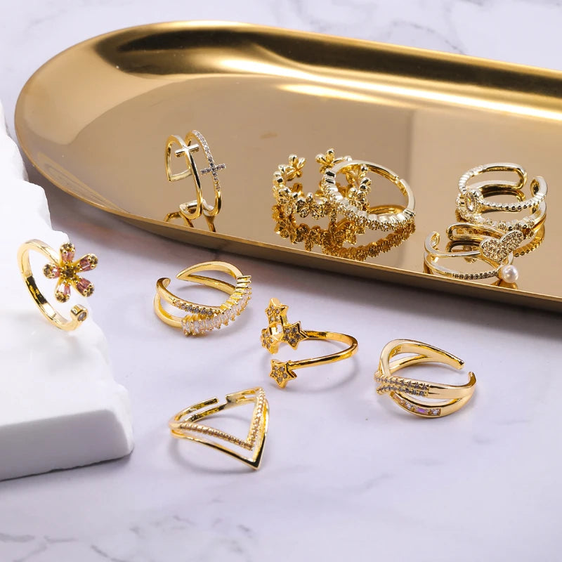 HOVANCI Luxury Flower Cute Engagement and Wedding Rings18K Gold Plated Geometric Twisted Cuff Finger Rings for Women