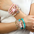 Pink Quartz Fashion Bohemian Stacked Bracelet 6pcs Natural Stone Glass Bead Elastic Bracelet