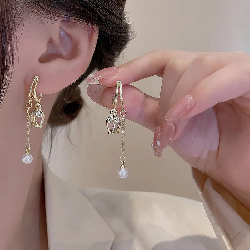Romantic Pink Tulip Flowers Crystal Pendant Earrings Contracted Tassel Imitation Pearl Pendant Orecchini Flower Earrings